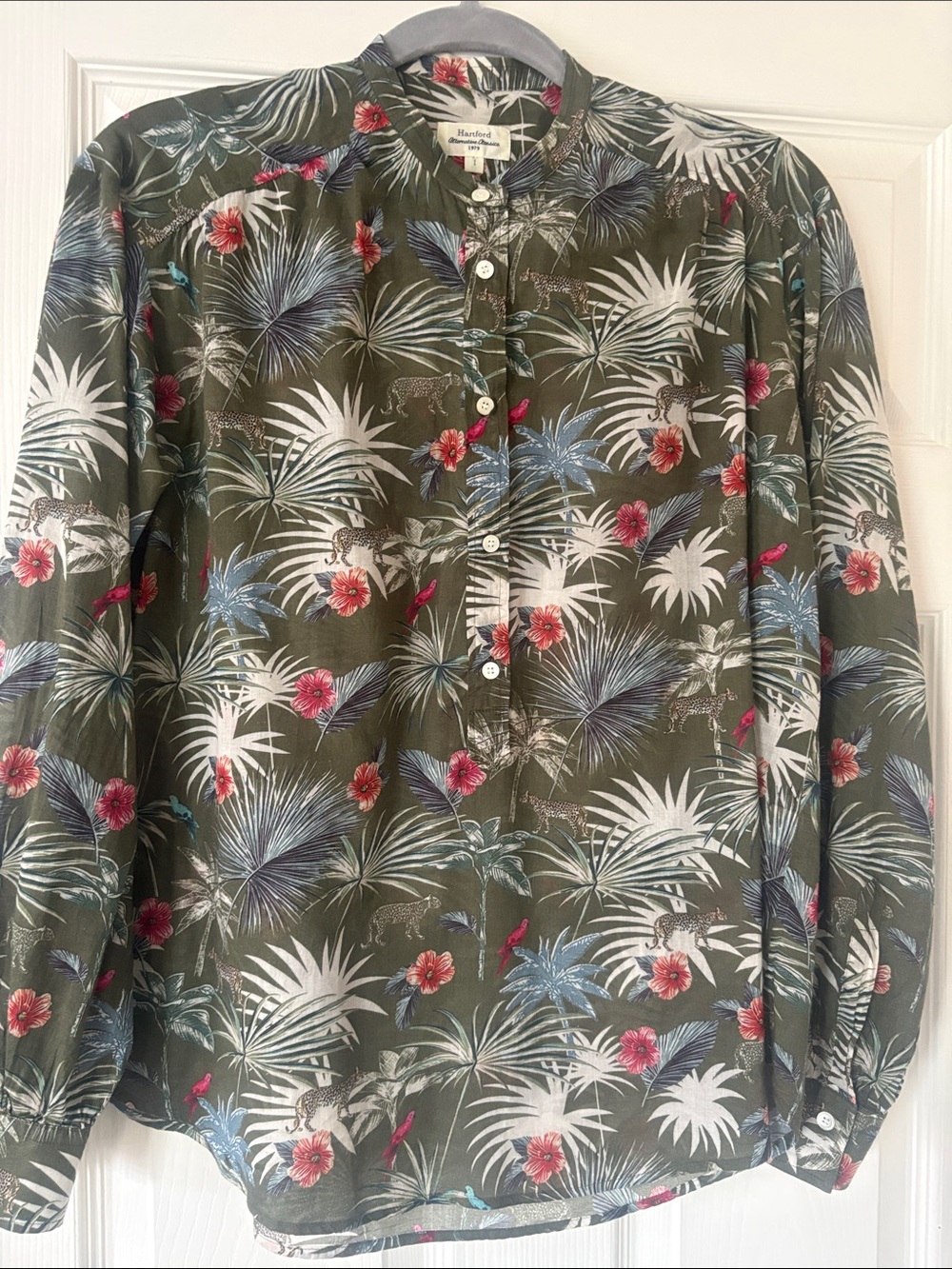 Hartford Olive Green Tropical Shirt with Pink Floral Accents